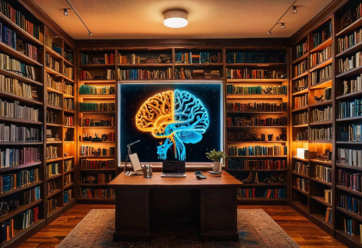 A serene library filled with books representing cognitive development techniques. In the center, a human brain illuminated with vibrant colors, symbolizing the elevation of intelligence. Surrounding the brain, various abstract symbols of learning and creativity, such as gears, light bulbs, and neural networks. Warm lighting to evoke a sense of inspiration and focus. super-realistic. vibrant colors. cozy atmosphere.