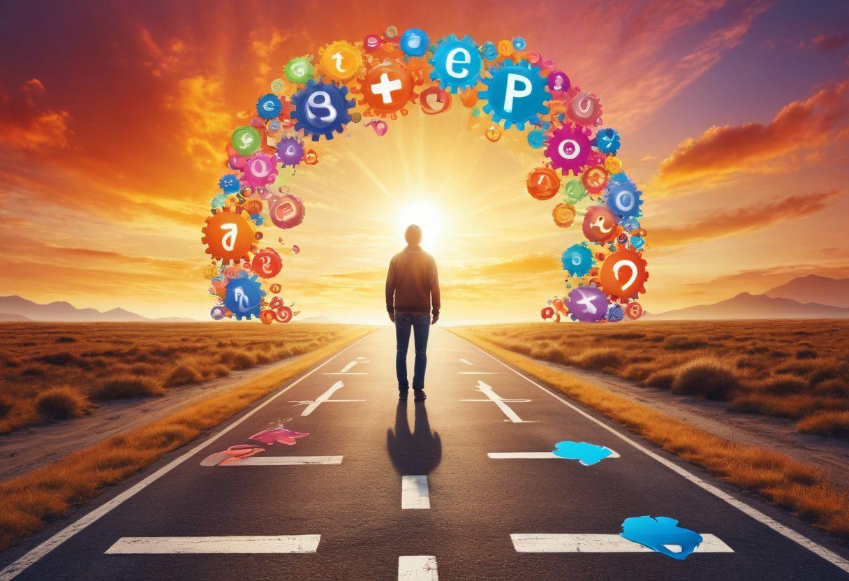 A thought-provoking scene depicting a person standing at a crossroads, surrounded by colorful brain gears and floating IQ test symbols, representing cognitive development and personal growth. The background features a bright sunrise, symbolizing new beginnings and potential unlocking. The atmosphere is vibrant and inspiring, inviting viewers to explore their own capabilities. super-realistic. vibrant colors. ethereal background.